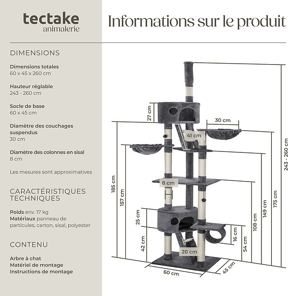 TECTAKE - Arbre à chat HANSI 260 cm gris - large