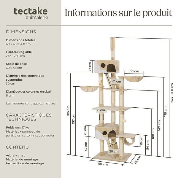 TECTAKE - Arbre à chat HANSI 260 cm beige/blanc - large