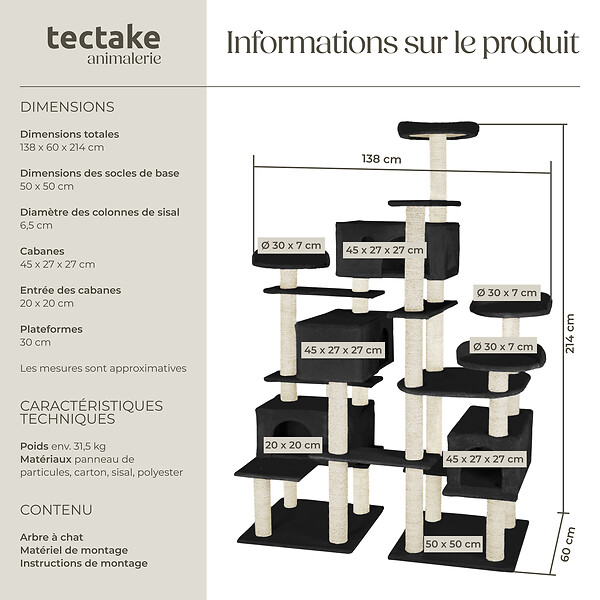TECTAKE - Arbre à Chat Entissar 214 cm noir - large