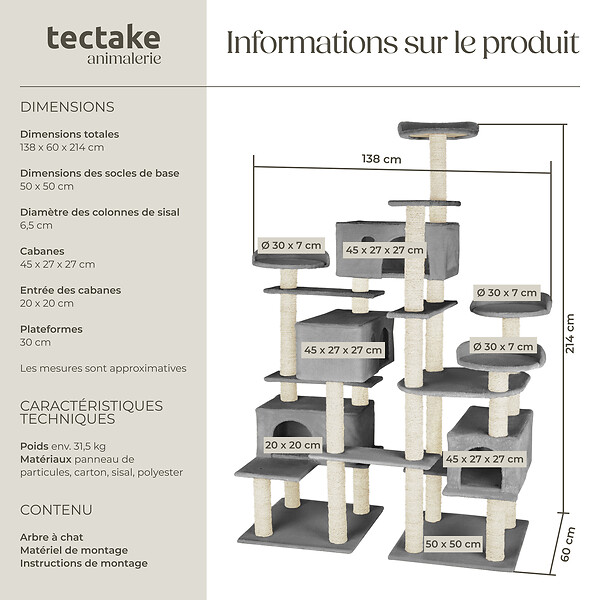 TECTAKE - Arbre à Chat Entissar 214 cm gris - large