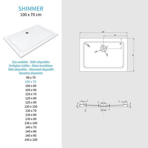 SANIVERRE - SHIMMER Receveur de douche 70 x 100 cm acrylique Blanc + bonde et siphon inclus - Salle de bain - large