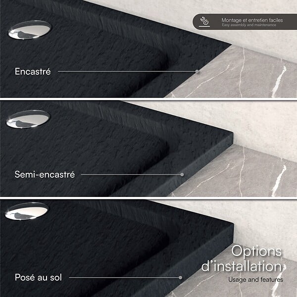 SANIVERRE - SHIMMER STONE Receveur de douche 80 x 90 cm acrylique Noir effet pierre + bonde et siphon inclus - Salle de bain - large