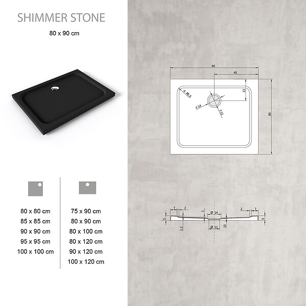 SANIVERRE - SHIMMER STONE Receveur de douche 80 x 90 cm acrylique Noir effet pierre + bonde et siphon inclus - Salle de bain - large
