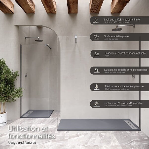 SANIVERRE - HIEMAL INOX Receveur de douche 80 x 80 cm résine Gris aspect ardoise + bonde inox incluse - Salle de bain - large