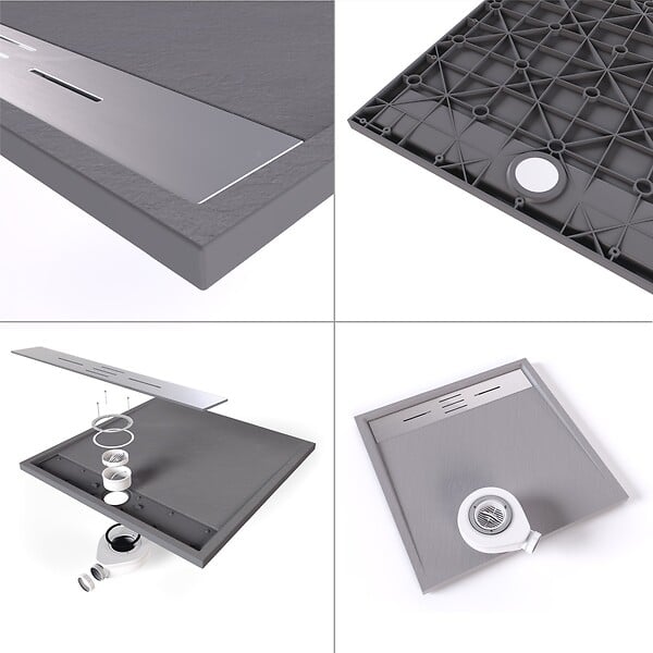 SANIVERRE - HIEMAL INOX Receveur de douche 80 x 80 cm résine Gris aspect ardoise + bonde inox incluse - Salle de bain - large