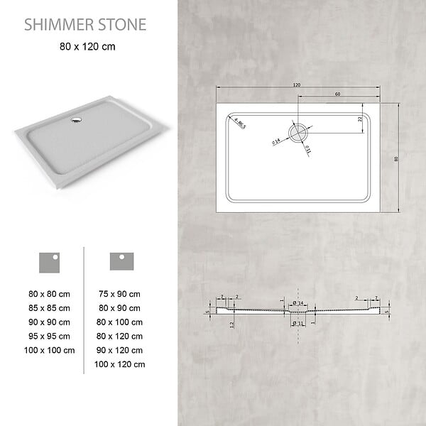 SANIVERRE - SHIMMER STONE Receveur de douche 80 x 120 cm acrylique Blanc effet pierre + bonde et siphon inclus - Salle de bain - large
