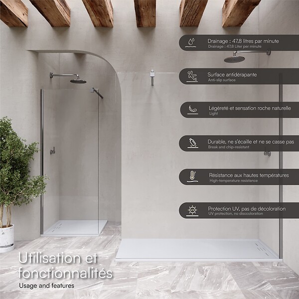 SANIVERRE - HIEMAL Receveur de douche 70 x 150 cm résine Blanc aspect ardoise + bonde incluse - Salle de bain - large
