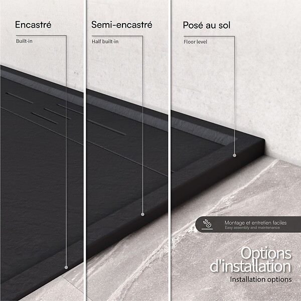 SANIVERRE - HIEMAL Receveur de douche 70 x 180 cm résine Noir aspect ardoise + bonde incluse - Salle de bain - large