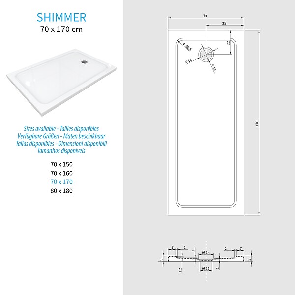 SANIVERRE - SHIMMER Receveur de douche 70 x 170 cm acrylique Blanc + bonde et siphon inclus - Salle de bain - large