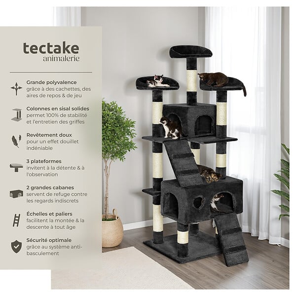 TECTAKE - Arbre à chat MOGLI 170 cm noir - large