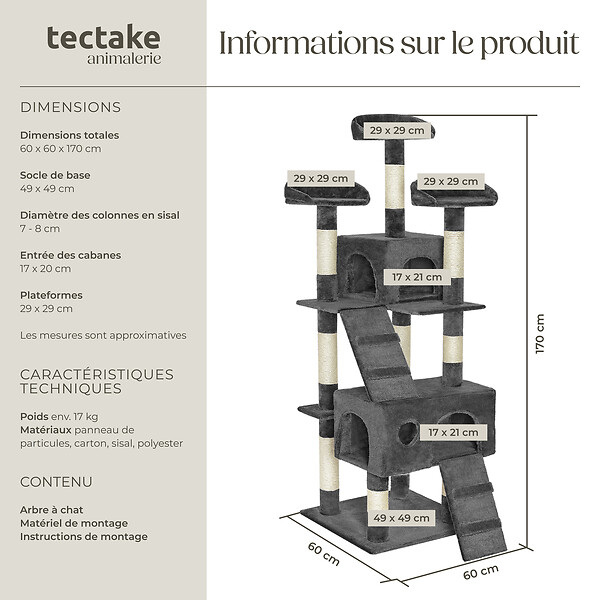 TECTAKE - Arbre à chat MOGLI 170 cm gris - large