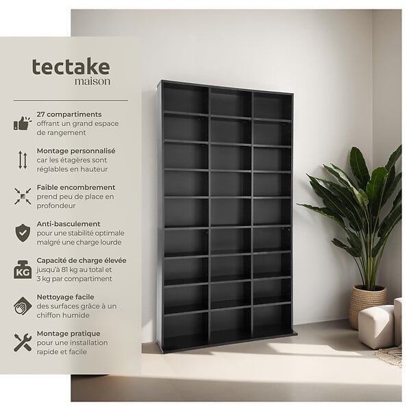 TECTAKE - Étagère bibliothèque rangement média noir 180 x 102 x 23,5 cm 27 compartiments 24 étagères réglables - large