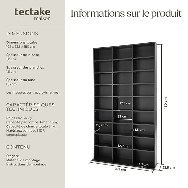 TECTAKE - Étagère bibliothèque rangement média noir 180 x 102 x 23,5 cm 27 compartiments 24 étagères réglables - large