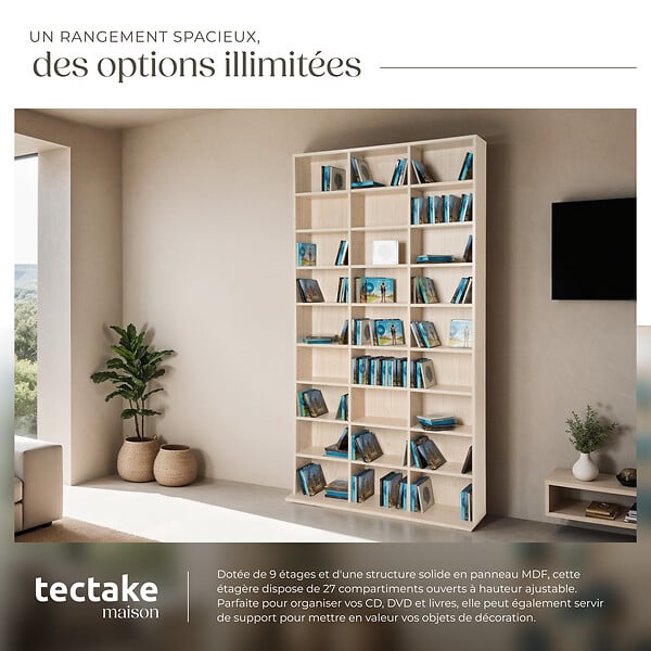 TECTAKE - Étagère bibliothèque Christel 180 x 102 x 23,5cm marron hêtre - large