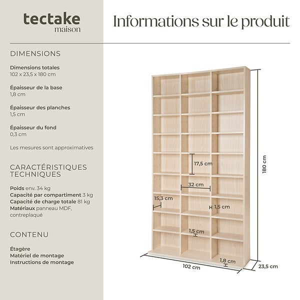 TECTAKE - Étagère bibliothèque Christel 180 x 102 x 23,5cm marron hêtre - large