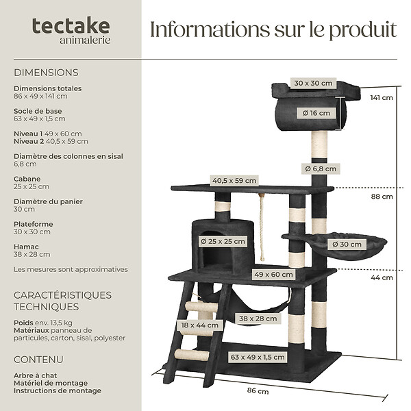 TECTAKE - Arbre à Chat STOKELEY 141 cm noir - large