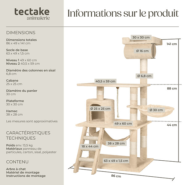 TECTAKE - Arbre à Chat STOKELEY 141 cm beige - large