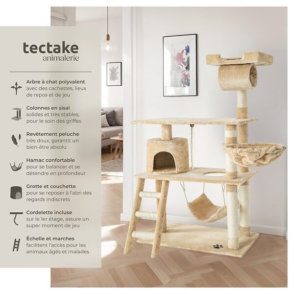 TECTAKE - Arbre à chat beige 141 cm corde de jeu rouleau tunnel plateforme d'observation sisal multiples niveaux - large