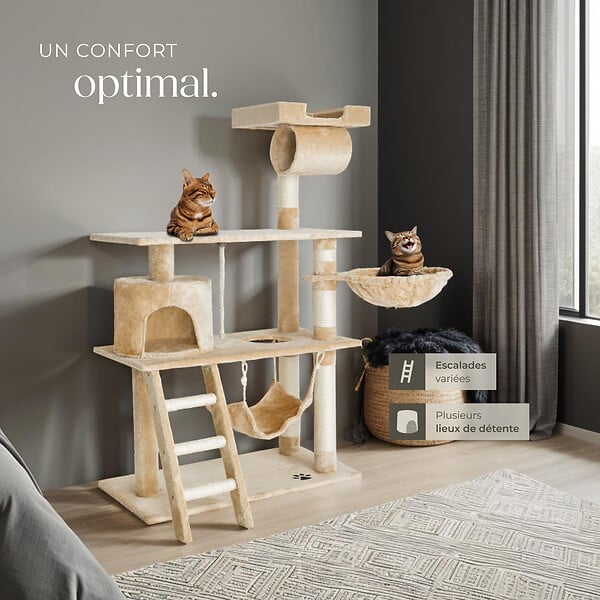 TECTAKE - Arbre à chat beige 141 cm corde de jeu rouleau tunnel plateforme d'observation sisal multiples niveaux - large