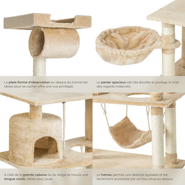TECTAKE - Arbre à chat beige 141 cm corde de jeu rouleau tunnel plateforme d'observation sisal multiples niveaux - large
