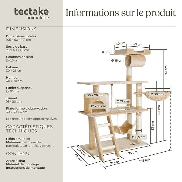 TECTAKE - Arbre à chat beige 141 cm corde de jeu rouleau tunnel plateforme d'observation sisal multiples niveaux - large