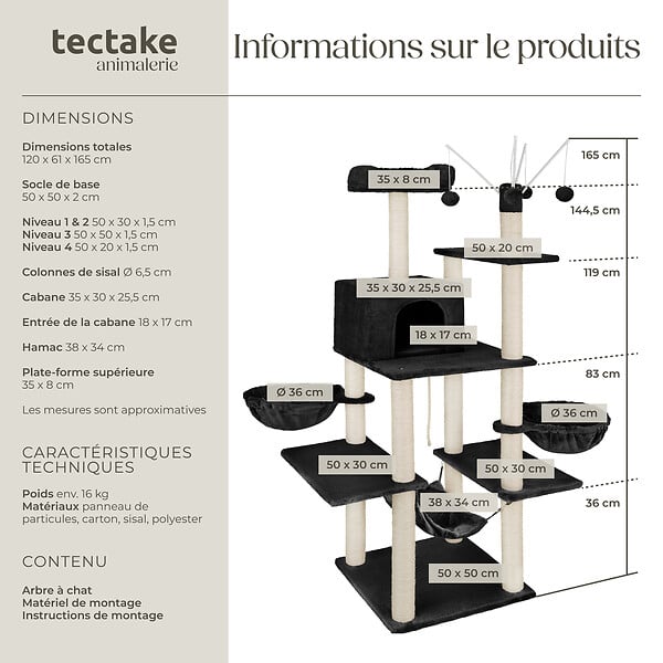 TECTAKE - Arbre à chat LILOU 165 cm noir - large