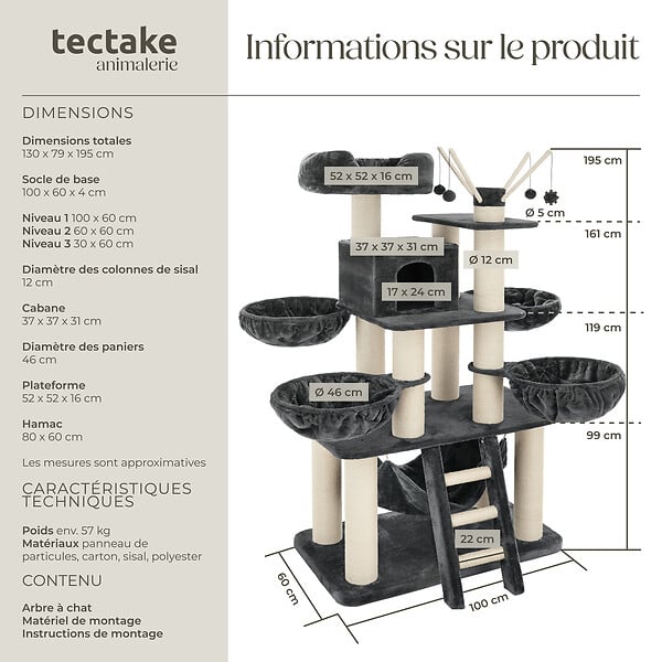 TECTAKE - Arbre à chat GISMO 195 cm gris/blanc - large