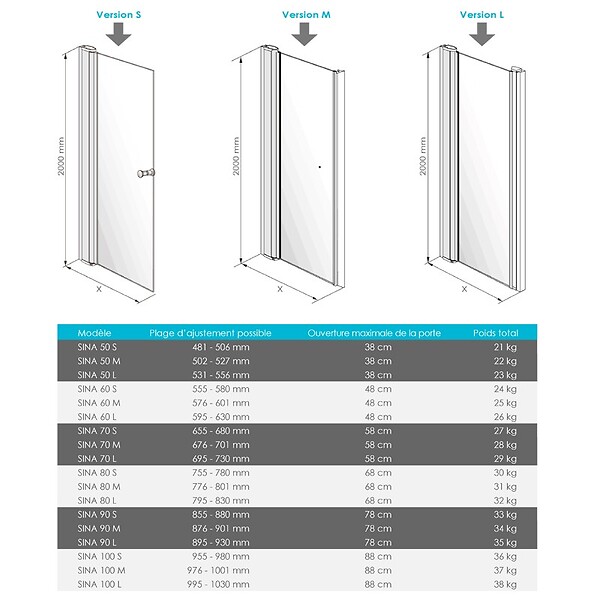 THALASSOR - SINA 100 S - Porte de douche pivotante réglable de 95,5 à 98 cm - large
