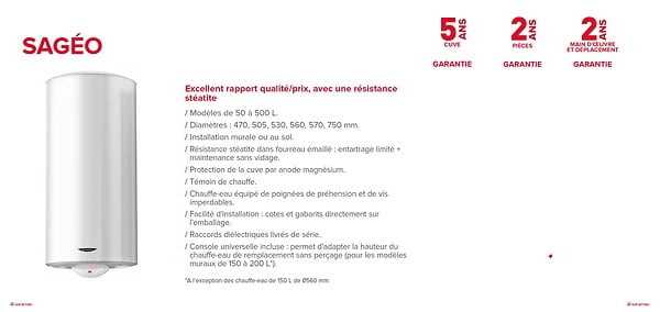 ARISTON - Chauffe-eau electrique vertical ARISTON Sagéo 100 l - Ø 560 mm - large