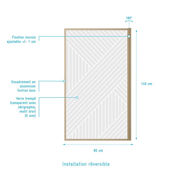 AURLANE - Pare baignoire pivotant 140x80 cm HINATA - style Japandi géométrique - Cadre effet bois - Verre 5 mm - large