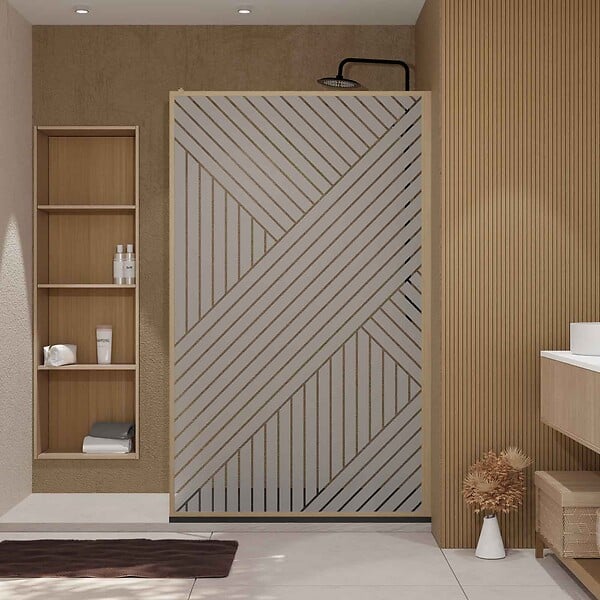 AURLANE - Paroi de douche 120x200 HINATA - Style Japandi Geometrique - Cadre Effet Bois - Verre 6mm - large