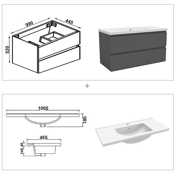 AICA SANITAIRE - AICA ensemble meuble 100 cm anthracite avec 2 tiroirs à fermeture automatique, lavabo céramique + miroir salle de bain Bluetooth + 2 colonnes, suspendu - large