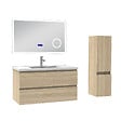 AICA SANITAIRE - AICA ensemble meuble 100 cm Chêne Wotan avec 2 tiroirs à fermeture automatique, lavabo céramique + miroir salle de bain Bluetooth tricolore + colonne, suspendu - vignette