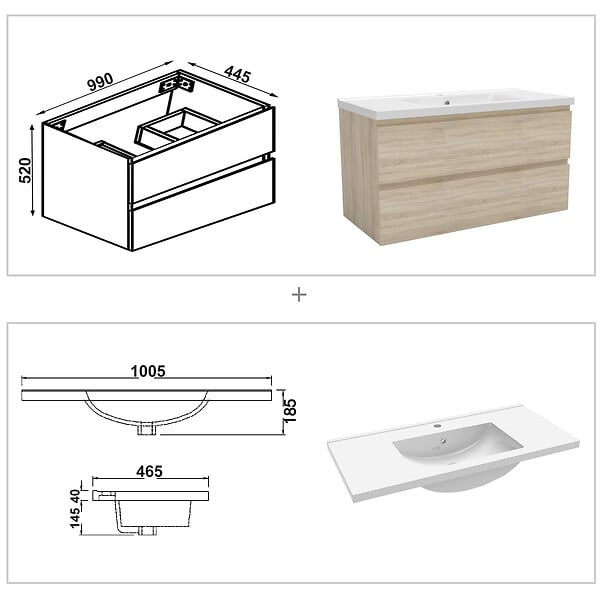 AICA SANITAIRE - AICA ensemble meuble 100 cm Chêne Wotan avec 2 tiroirs à fermeture automatique, lavabo céramique + miroir salle de bain Bluetooth tricolore + 2 colonnes, suspendu - large