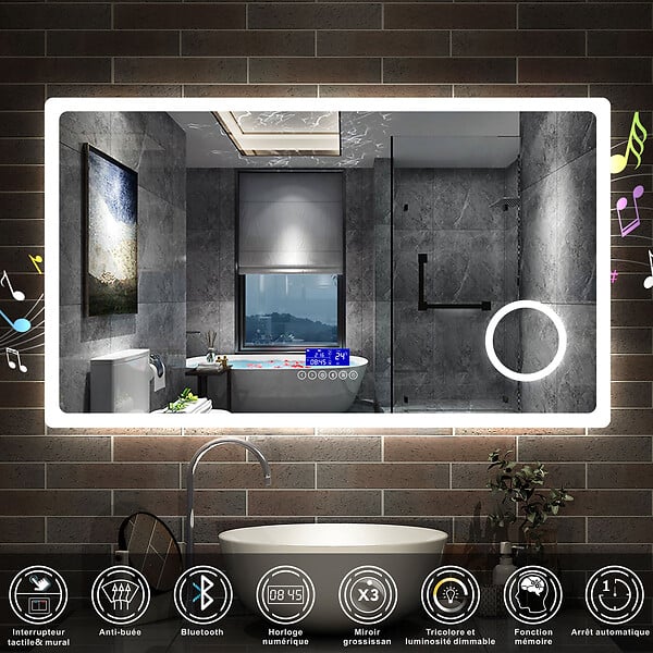 AICA SANITAIRE - AICA Ensemble meuble salle de bain 120 cm anthracite, lavabo céramique + 2 colonnes + Miroir Bluetooth avec 3 couleurs dimmable, suspendu - large