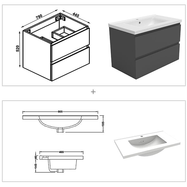 AICA SANITAIRE - AICA ensemble meuble 80 cm anthracite avec 2 tiroirs à fermeture automatique, lavabo céramique + miroir salle de bain Bluetooth tricolore + 2 colonnes hautes, suspendu - large