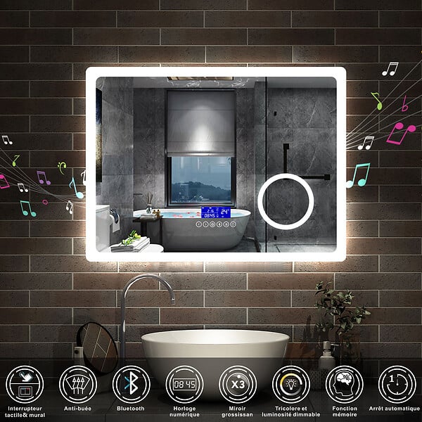 AICA SANITAIRE - AICA ensemble meuble 80 cm Chêne Wotan avec 2 tiroirs à fermeture automatique, lavabo céramique + miroir salle de bain Bluetooth tricolore + colonne haute, suspendu - large