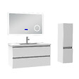 AICA SANITAIRE - AICA ensemble meuble 100 cm blanc avec 2 tiroirs à fermeture automatique, lavabo céramique + miroir salle de bain Bluetooth tricolore + colonne, suspendu - vignette
