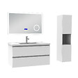 AICA SANITAIRE - AICA ensemble meuble 100 cm blanc avec 2 tiroirs à fermeture automatique, lavabo céramique + miroir salle de bain Bluetooth tricolore + colonne haute, suspendu - vignette