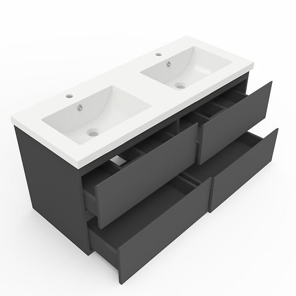 AICA SANITAIRE - AICA ensemble meuble 120 cm anthracite avec 4 tiroirs à fermeture automatique, lavabo céramique + miroir salle de bain Bluetooth tricolore + colonne, suspendu - large