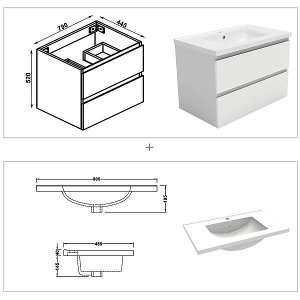 AICA SANITAIRE - AICA ensemble meuble 80 cm blanc avec 2 tiroirs à fermeture automatique, lavabo céramique + miroir salle de bain Bluetooth tricolore + 2 colonnes hautes, suspendu - large