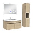 AICA SANITAIRE - AICA Ensemble meuble 80 cm Chêne Wotan, lavabo céramique + colonne haute + Miroir salle de bain Bluetooth avec 3 couleurs dimmable, suspendu - vignette