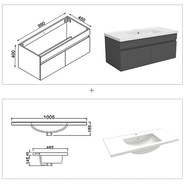 AICA SANITAIRE - AICA Ensemble meuble salle de bain 100 cm anthracite, lavabo céramique + 2 colonnes hautes + Miroir Bluetooth avec 3 couleurs dimmable, suspendu - large