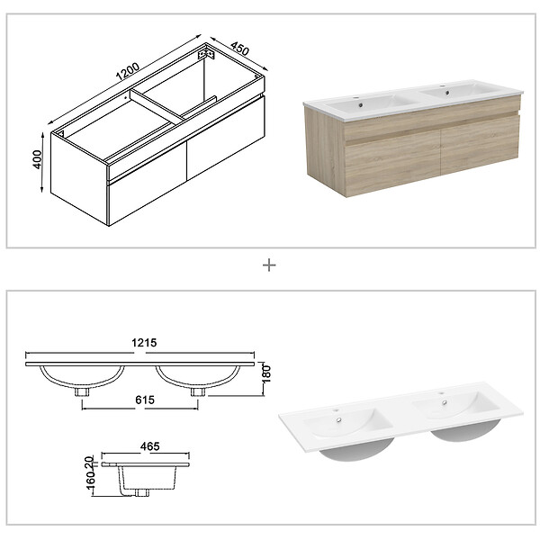 AICA SANITAIRE - AICA Ensemble meuble salle de bain 120 cm Chêne Wotan, lavabo céramique + 2 colonnes + Miroir Bluetooth avec 3 couleurs dimmable, suspendu - large