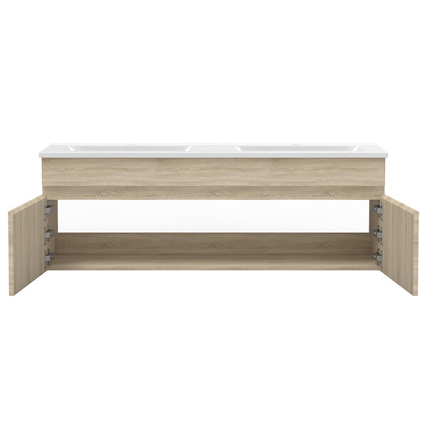 AICA SANITAIRE - AICA Ensemble meuble salle de bain 120 cm Chêne Wotan, lavabo céramique + 2 colonnes + Miroir Bluetooth avec 3 couleurs dimmable, suspendu - large