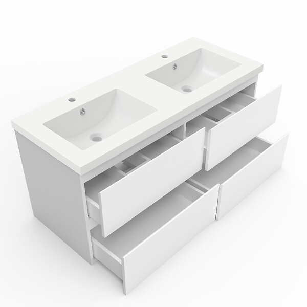AICA SANITAIRE - AICA ensemble meuble 120 cm blanc avec 4 tiroirs à fermeture automatique, lavabo céramique + miroir salle de bain Bluetooth tricolore + colonne, suspendu - large