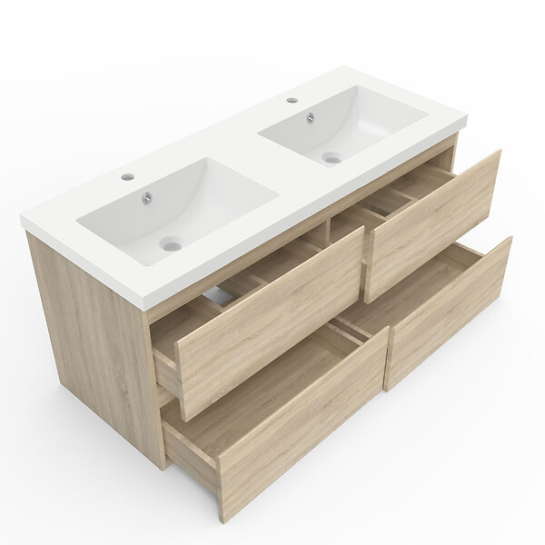 AICA SANITAIRE - AICA ensemble meuble 120 cm Chêne Wotan avec 4 tiroirs à fermeture automatique, lavabo céramique + miroir salle de bain Bluetooth tricolore + 2 colonnes hautes, suspendu - large
