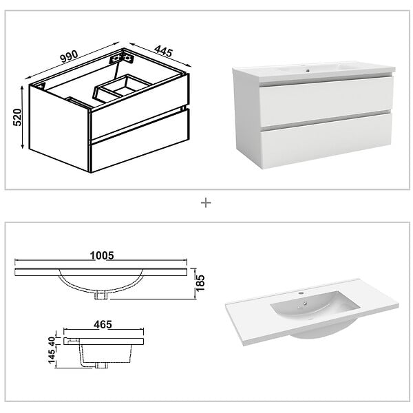 AICA SANITAIRE - AICA ensemble meuble 100 cm blanc avec 2 tiroirs à fermeture automatique, lavabo céramique simple + miroir salle de bain Bluetooth tricolore, suspendu - large