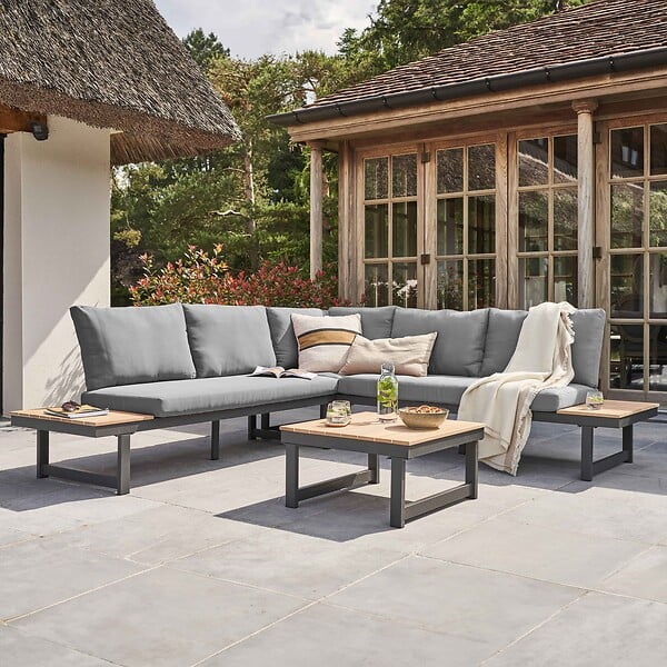 OVIALA - Salon de  jardin bas 6 places en aluminium et bois gris - Topa - large
