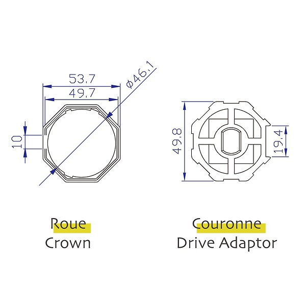 AVOSDIM - Adaptations moteur Avosdim - Axe octogonal Ø52 mm - Pour moteur Ø45mm - large